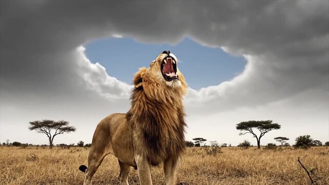 Majestic lion roars in african savanna with cloudy sky. Perfect for wildlife publications, background images, and safarithemed designs.