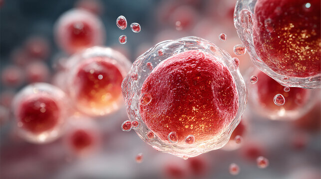 scientific microscope closeup of red cells and bubbles biology texture showing medical research and molecular structure with detailed focus on biological study - Powered by Adobe