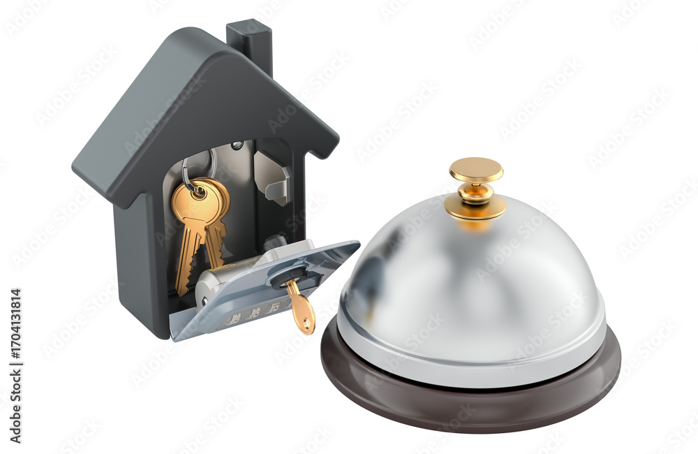 Poster house key lockbox and service bell. hotel check-in concept. 3d rendering