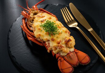 Gourmet baked lobster tail topped with melted cheese and herbs