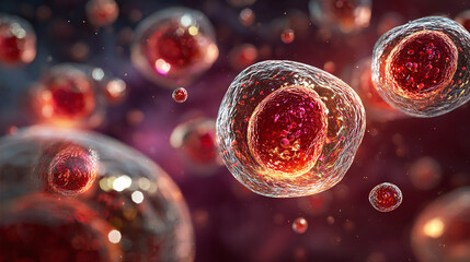 scientific microscope closeup of red cells and bubbles biology texture showing medical research and molecular structure with detailed focus on biological study