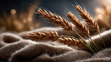 Golden wheat stalks on rustic burlap with soft bokeh background