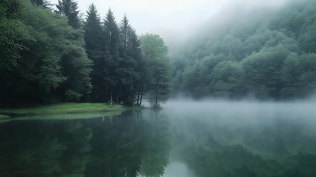 Misty forest reflects on a calm lake, soft fog and evergreens create a peaceful, cinematic nature scene at dawn.