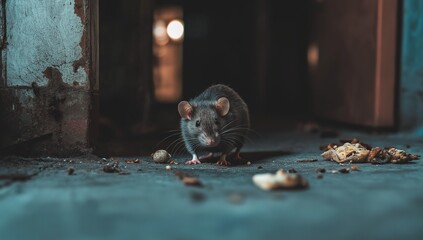 A small rodent explores the dark floor of an abandoned space, foraging for scraps of food