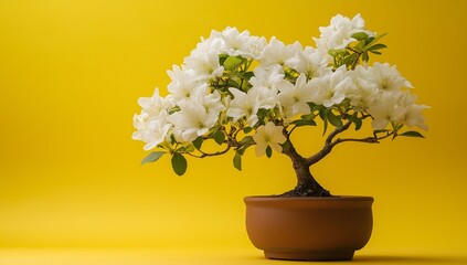 This bonsai tree has delicate white blossoms, adding nature indoors with a bright yellow background