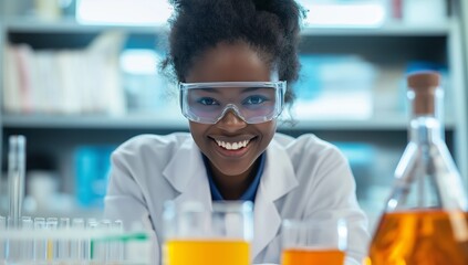 A scientist in a lab coat smiles while testing solutions in vibrant glass beakers