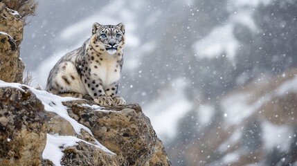 A snow leopard sits gracefully on a rocky outcrop as snow falls in a serene mountain setting