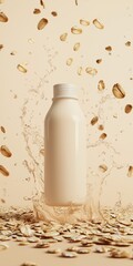 A milk bottle stands upright as oats splash around it, creating a dynamic food art design