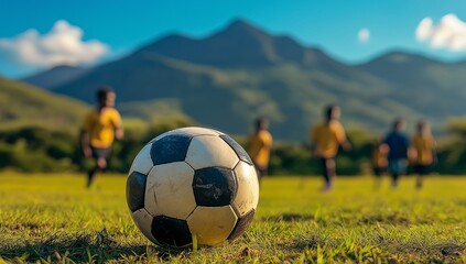 Players practice soccer on a grassy field with mountains and a clear blue sky surrounding them