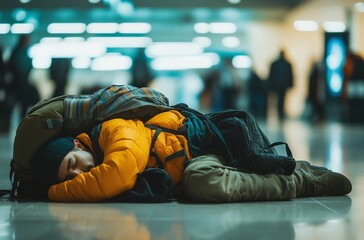 A young individual is resting on the ground at a bustling transit area, equipped with backpacks