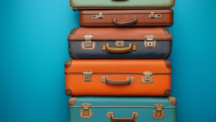 Colorful old suitcases stand out against a bright blue backdrop, hinting at adventure