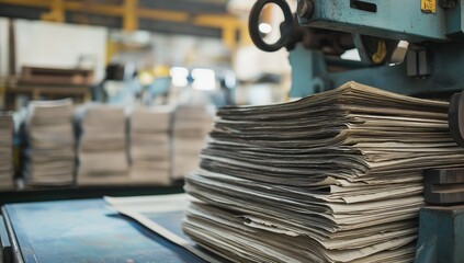 A printing press efficiently produces stacks of newspapers in a busy workshop