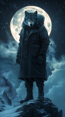 A figure hybrid of man and wolf stands confidently on a mountain peak at night
