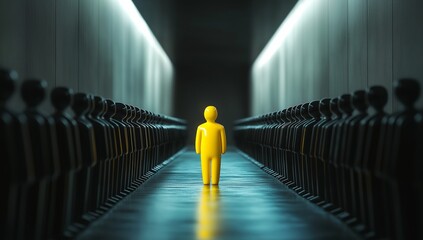 A bright yellow figure stands out against dark shapes in an empty corridor