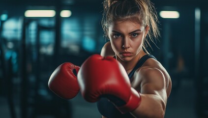 A determined female boxer practices her punches in a gym, radiating focus and strength