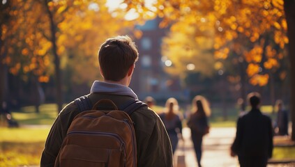 A student strolls along a pathway on campus, enjoying the vibrant autumn foliage and warmth