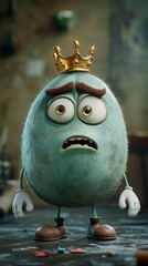 A green spherical character with large eyes and a crown looks shocked in a creative workspace