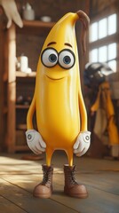 A cheerful cartoon banana character wearing boots and gloves poses in a warm, rustic workshop