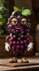 A cheerful grape in glasses and a bow tie stands boldly, displaying vibrant colors
