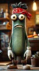 A quirky green-skinned character in a red bandana looks surprised in a cluttered workshop