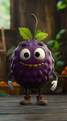 A cheerful purple character with large eyes and a green leaf smiles in a lively setting with fruits