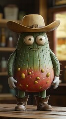 A unique cactus with human-like features and a cowboy hat poses in a rustic environment