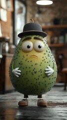 Aかわいい character resembling an avocado displays a worried expression in a warm setting