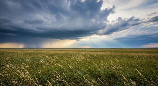 Vast Prairie Horizon With Ancient Rolling Clouds Above