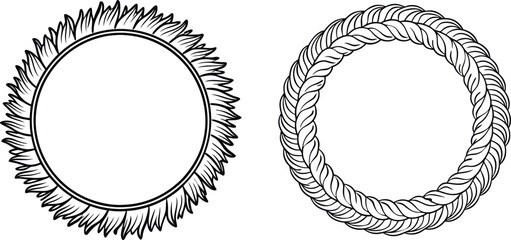 Floral and Rope Circular Frame Designs in Black and White Illustration.