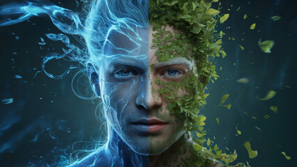 Dual Face Portrait of Ice and Nature Energy in Mystical Digital Art
