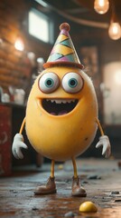 A lively yellow character wearing a party hat celebrates joyfully in a cozy indoor setting