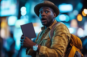 A man with a surprised expression holds a notebook while walking in a busy urban setting