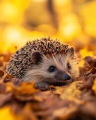 A hedgehog rests quietly on a bed of vibrant autumn leaves, basking in warm sunlight