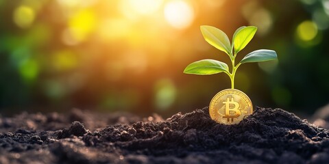 A golden bitcoin in dark soil with a young green plant symbolizes tech growth