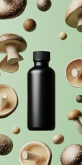 A black bottle sits center stage among assorted mushrooms on a soft green background
