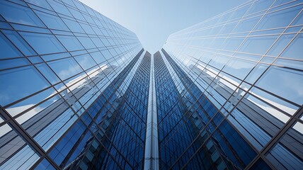 Exterior view image looking up at a glass skyscraper.