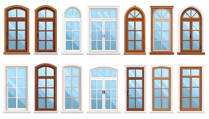 Naklejka premium Various architectural window and door styles displayed in a comprehensive collection.