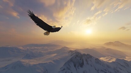 Fototapeta premium Majestic bald eagle soaring high above a snow covered mountain range with its wings spread wide catching the warm glow of the setting sun as it surveys the vast landscape below