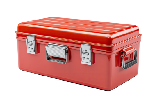 Red metal toolbox, rectangular shape, with metal hardware