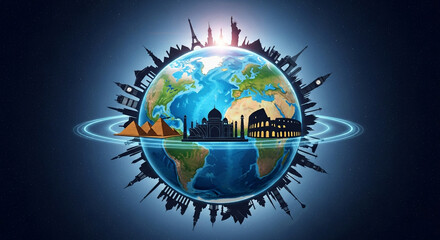 Global travel concept with famous landmarks around the world, tourism illustration