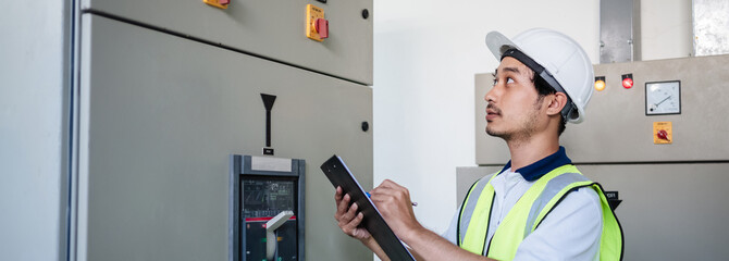 The engineers inspected the electrical switchboard and verified the operational voltage range in control room of factory.