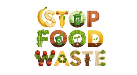 Stop Food Waste message with vibrant, creative typography promoting eco-friendly habits