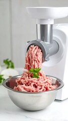 Minced meat being dispensed from a food processor