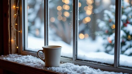 Winter's Embrace: A cup of hot coffee rests on a snow-covered windowsill, framing a serene winter wonderland view of snow-dusted evergreen trees. 