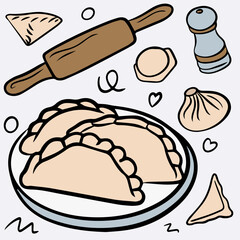 Dumplings doodle set, hand drawn illustration 