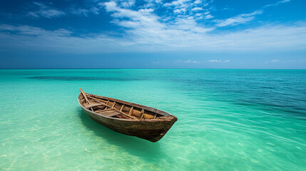 Fototapeta premium Solitary Wooden Boat on Crystal Clear Tropical Water