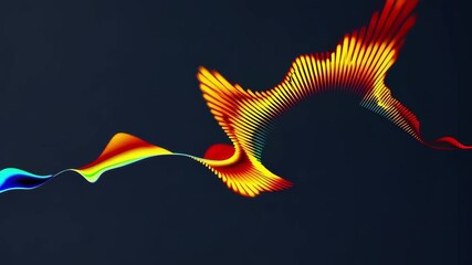 A vivid, abstract audio waveform flows in red, yellow, and blue on a dark background. The dynamic shape visually represents vibrant sound frequencies and creates a striking digital art effect.