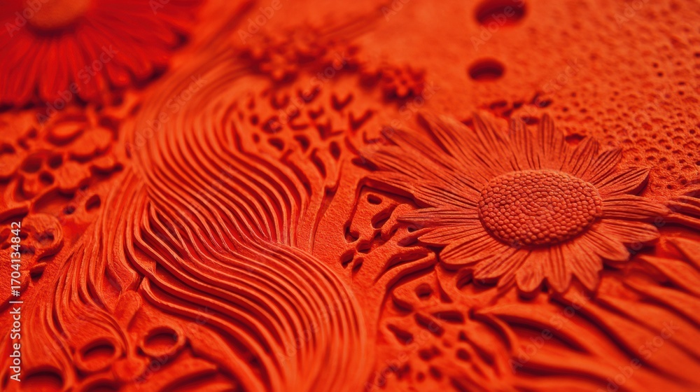 Poster intricate red floral design showcasing detailed textures and patterns created in a striking red mate