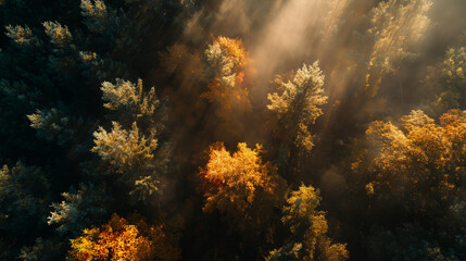 Autumn forest in the morning fog