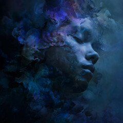 Surreal abstract portrait of a face dissolving into swirling blue and purple clouds, evoking mystery, dreams, and transformation.